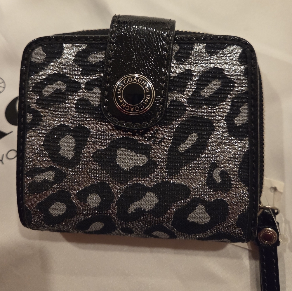 NWT Coach Black and Silver Leopard Print Wallet